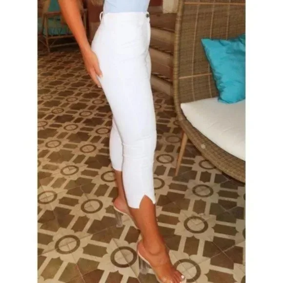White High Waist Split Hem Skinny Capri Jeans Denim Pants - Picture 8 of 14